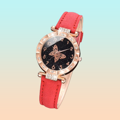 SET 2 PIEZAS RELOJ MUJER LUJO PULSERA MARIPOSA ROSA BLANCO ROSA CHICLE DORADO OSCURO NEGRO