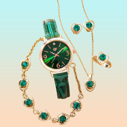 SET 6 PIEZAS RELOJ VERDE ESMERALDA ANILLO PULSERA ARETES VERDE MUSGO DORADO OSCURO VERDE MUSGO