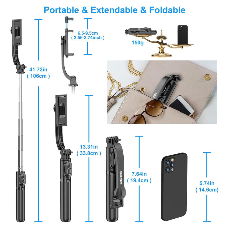 SELFIE STICK CONTROL BLUETOOTH TRIPODE TELESCOPICO LUZ LED | SELFIE STICK WITH BLUETOOTH REMOTE, TELESCOPIC TRIPOD & LED LIGHT