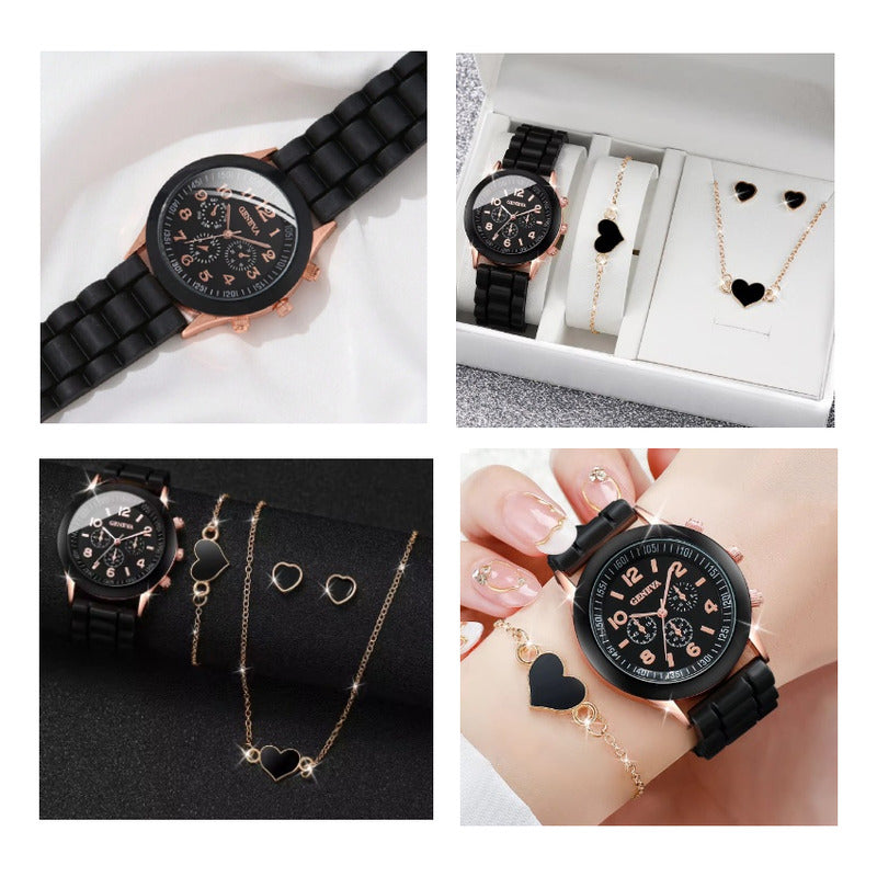 SET RELOJ MUJER LUJO 5 PULSERAS ANÁLOGO CORAL BRILLANTE NEGRO NEGRO NEGRO | WOMEN'S LUXURY WATCH SET 5 BRACELETS ANALOG CORAL SHINY BLACK BLACK BLACK
