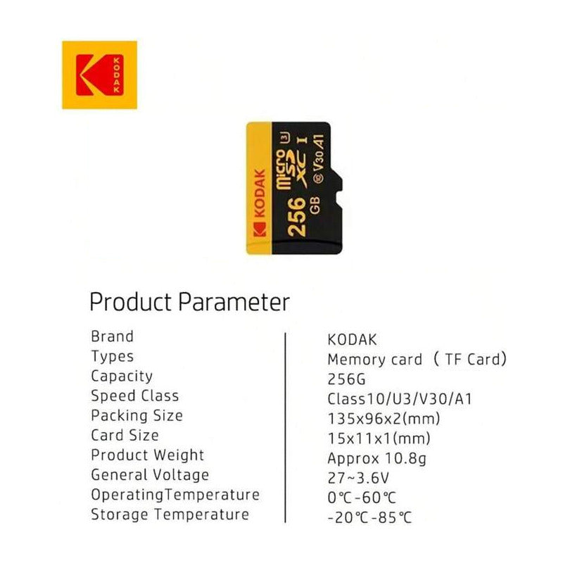 TARJETA MICRO SD KODAK 256GB ADAPTADOR A1 V30 XC C10 I3 4K | KODAK MICRO SD CARD 256GB ADAPTER A1 V30 XC C10 I3 4K

